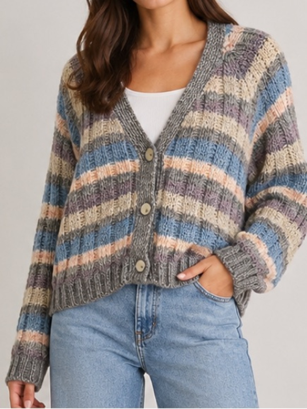 Saltwater Luxe Cozy Chunky Knit Stripe Button Up Sweater XL Pastel Blue Purple